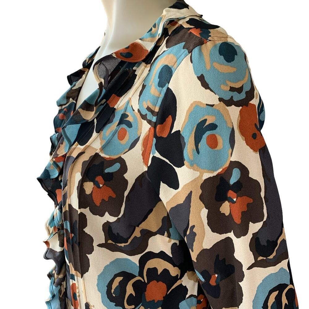 i.e. 100% Silk Floral Ruffled Long Sleeve Chiffon Tops Blouse Size L Multicolor - Picture 8 of 16